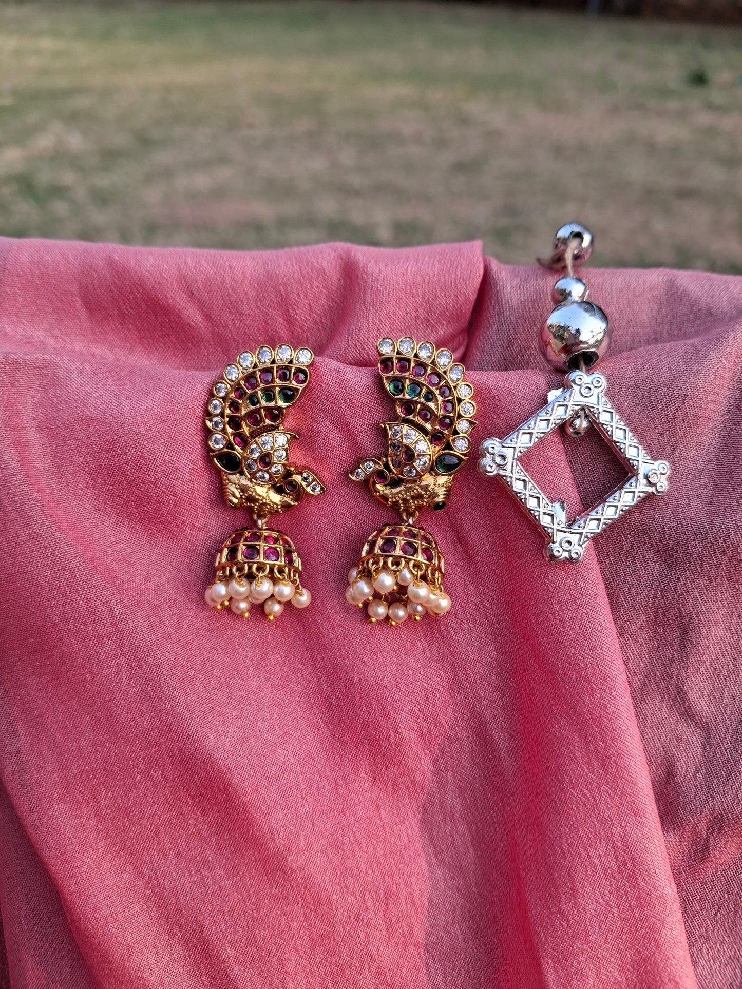 Gold-Plated Peacock Jhumka Earrings with Pearl Drops