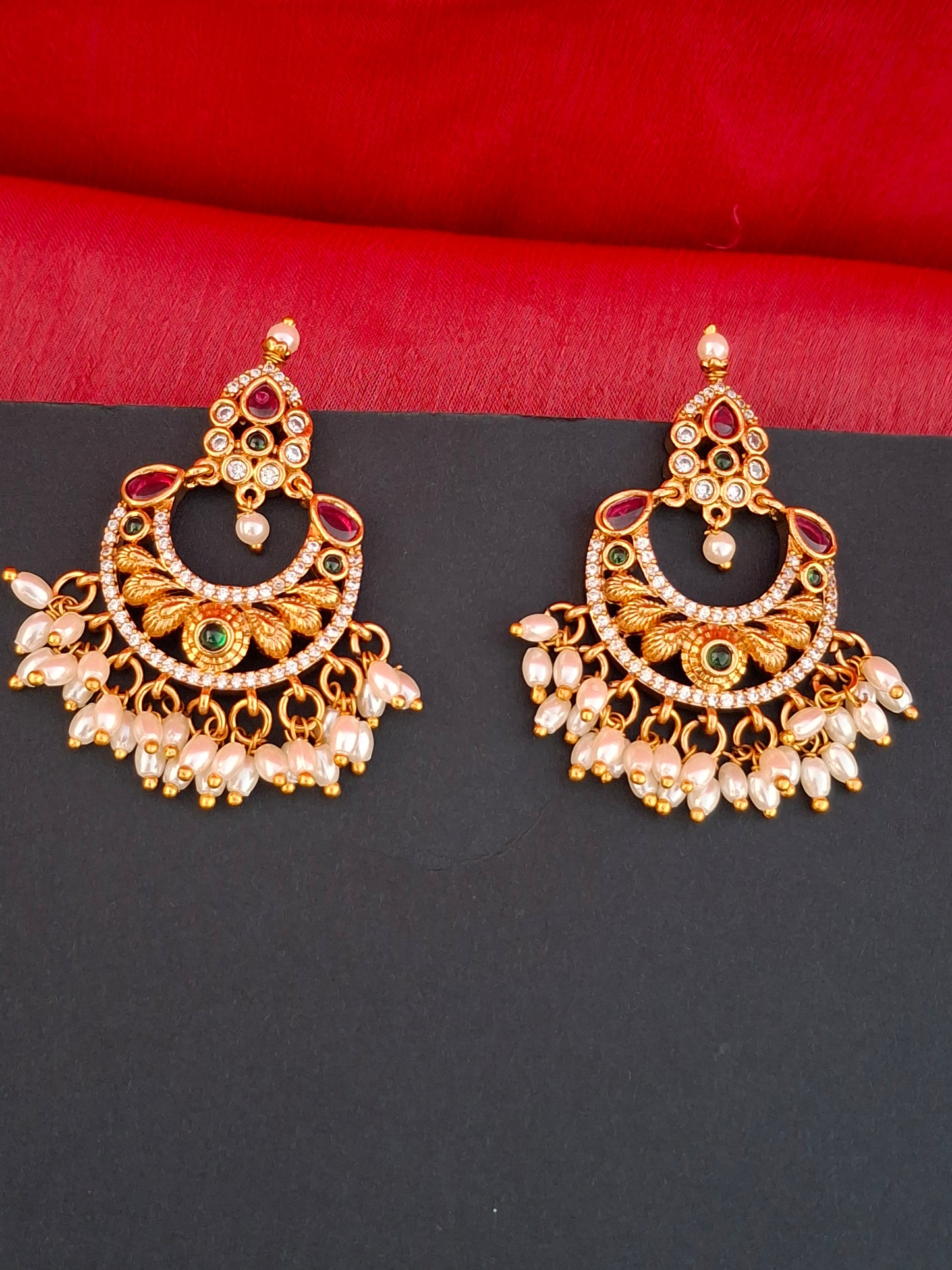 Traditional Gold-Toned Chandbali Earrings with Pearl Drops