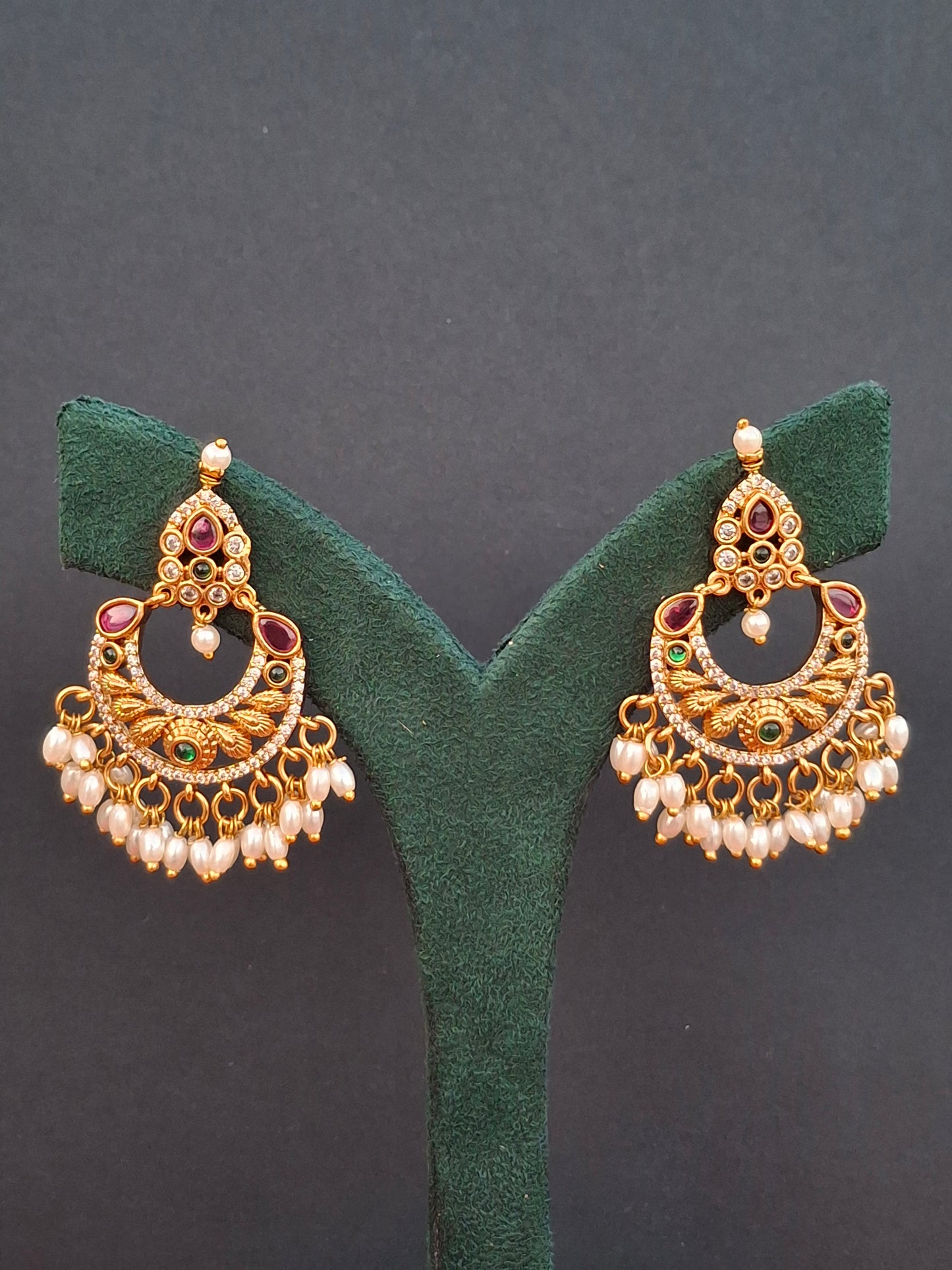 Traditional Gold-Toned Chandbali Earrings with Pearl Drops