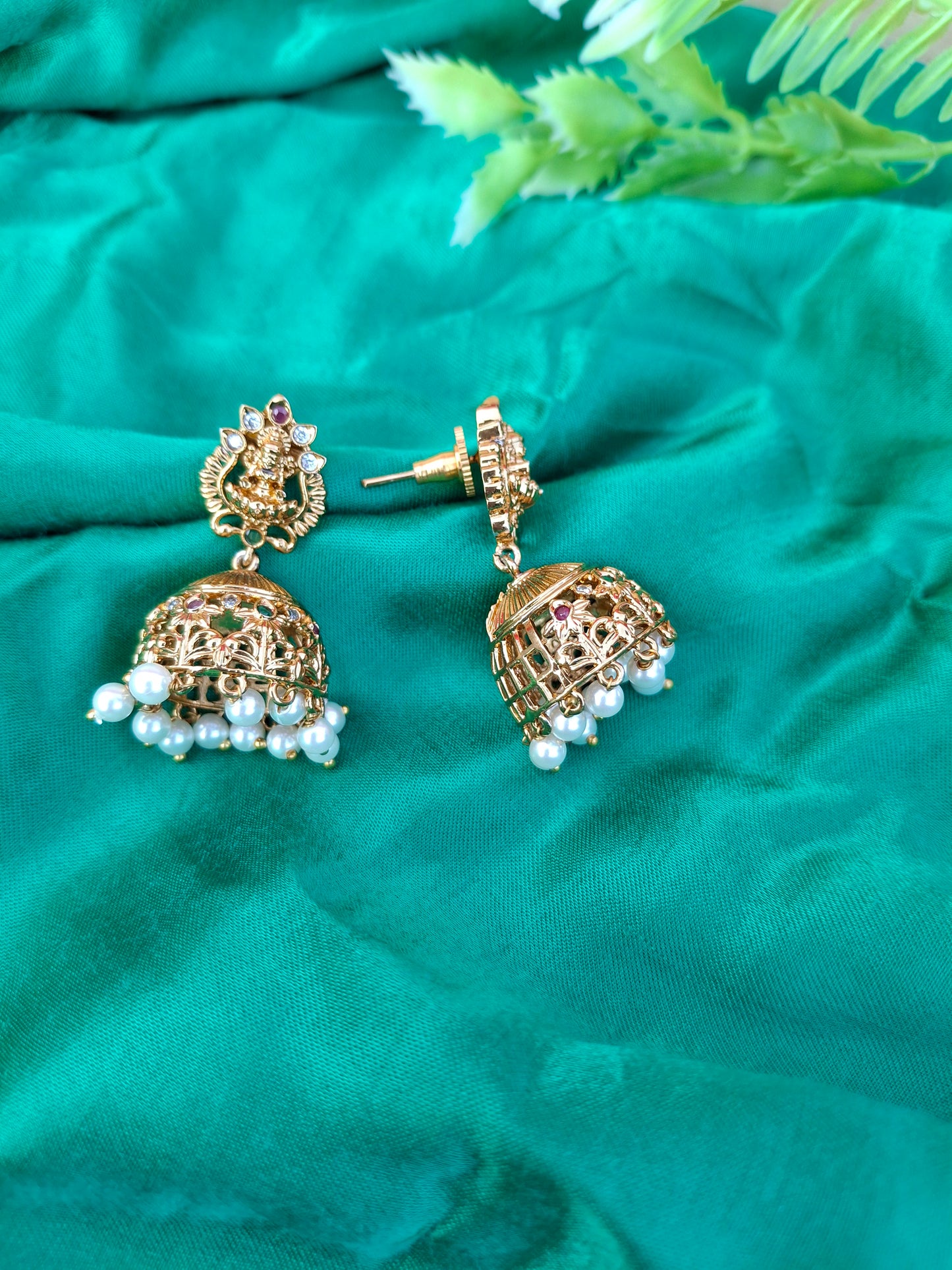 Lakshmi Temple Jhumkas with Pearl Drops
