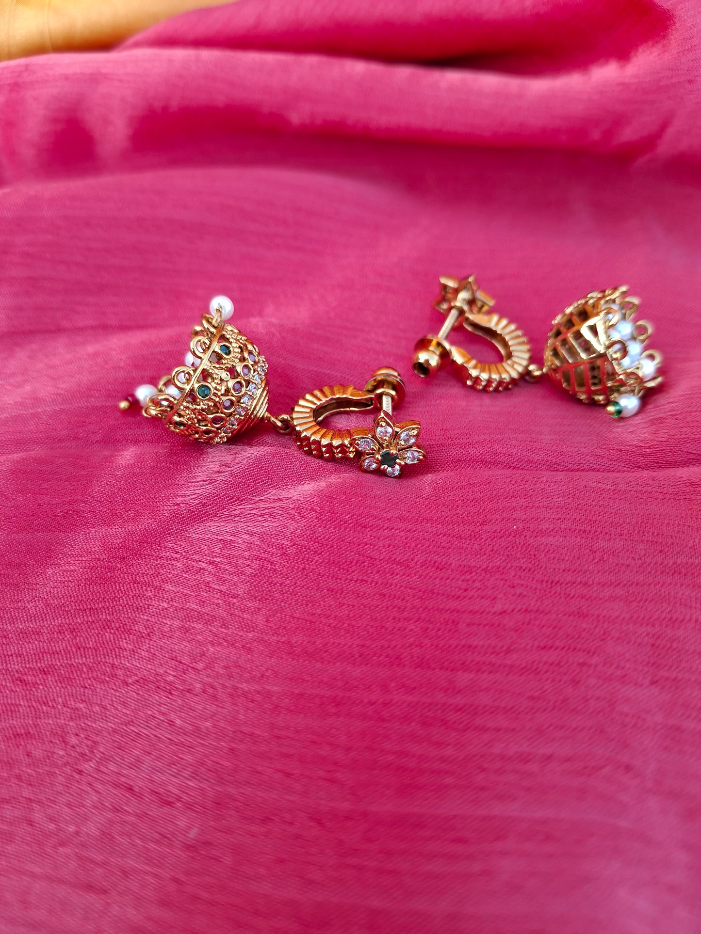 Gold-Plated Floral Jhumkas with Pearl & Stone Drops