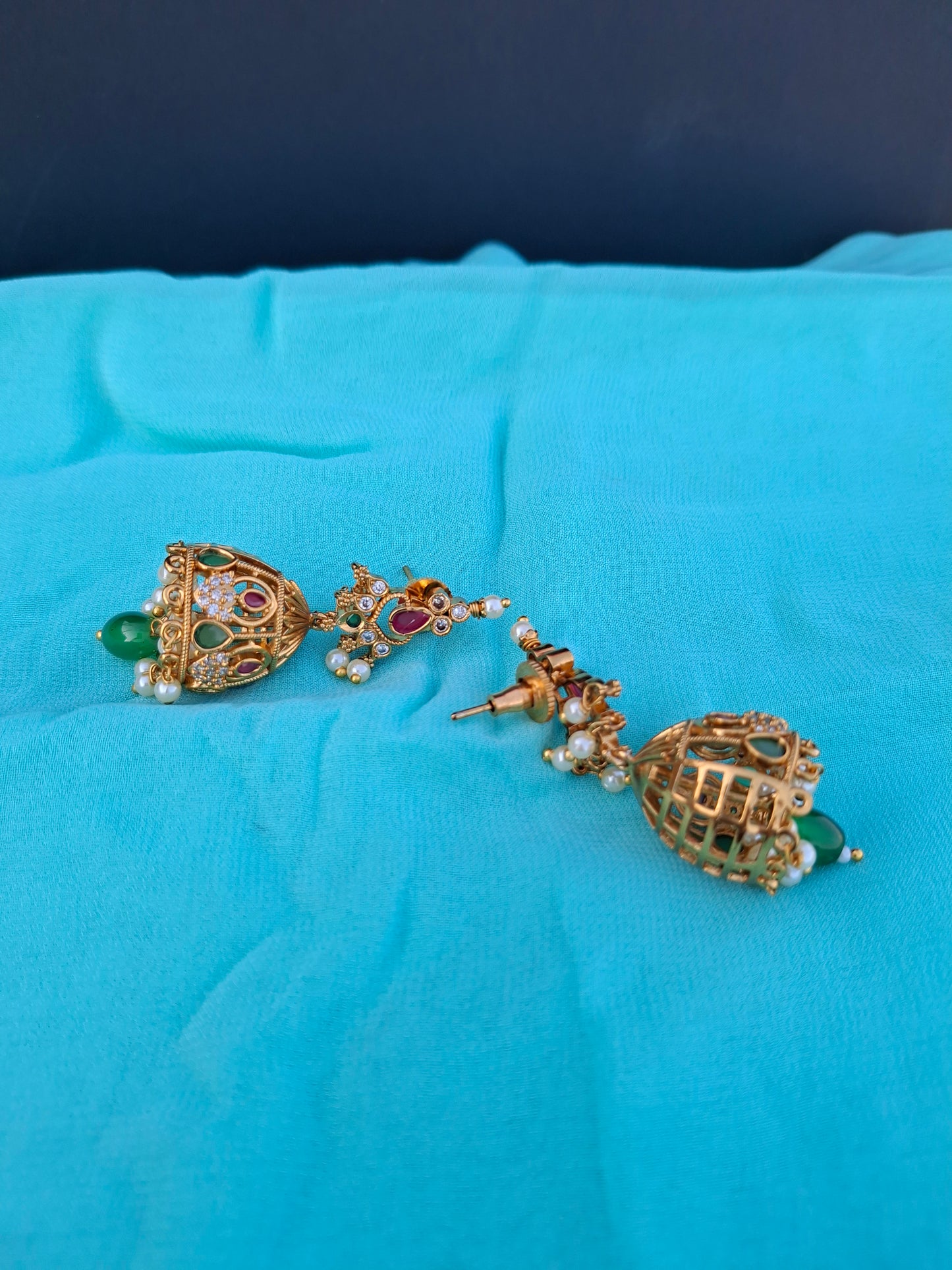 Regal Temple Jhumkas with Pearl & Green Drop Accents