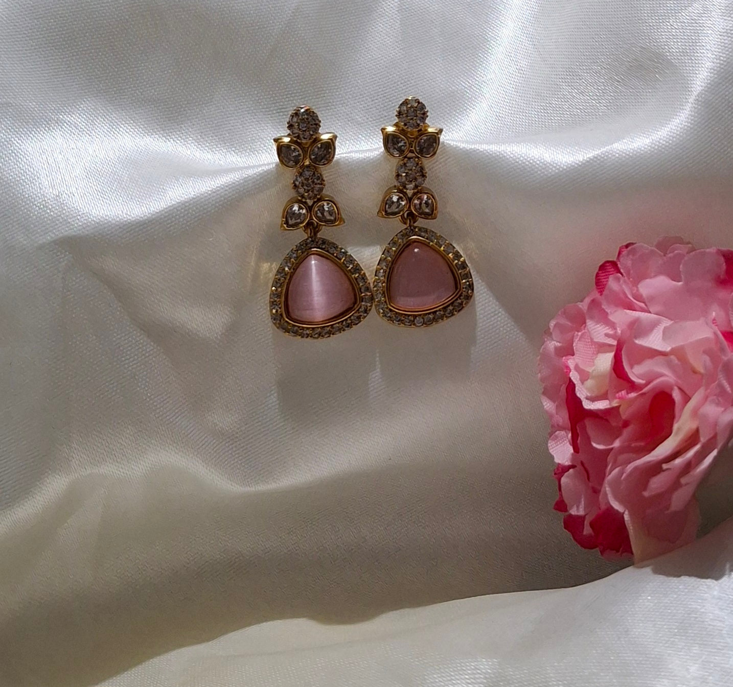 Delicate Gold-Plated AD Earrings with Soft Pink Stone Drops