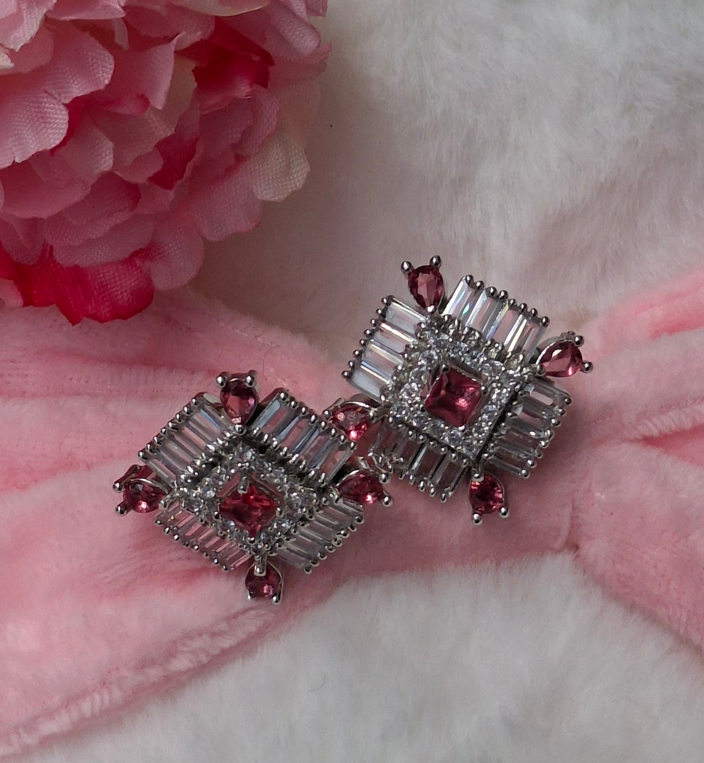 Silver-Plated Pink Crystal Stud Earrings
