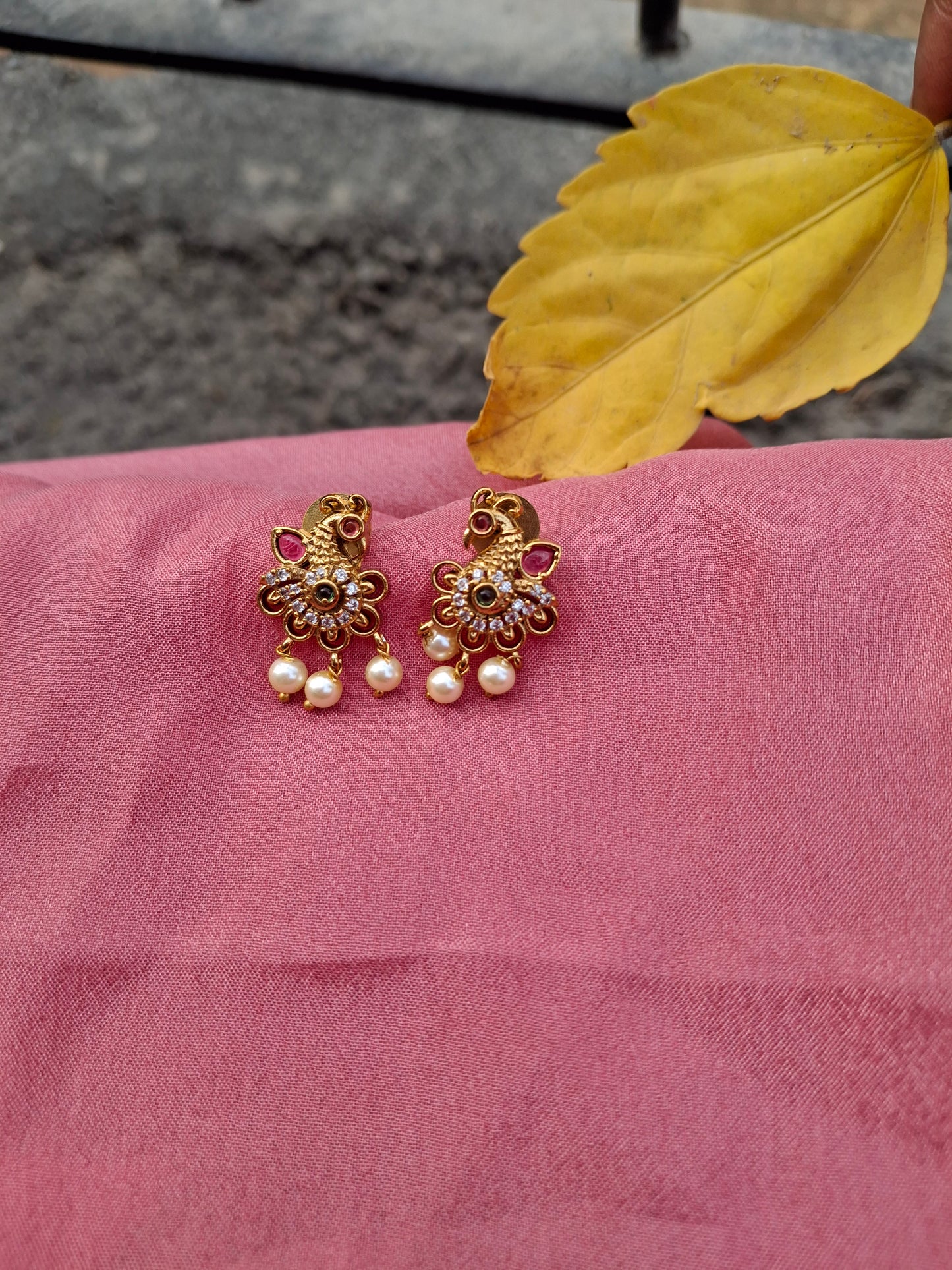 Traditional Gold Plated Peacock Design Earrings with Pearl Drops