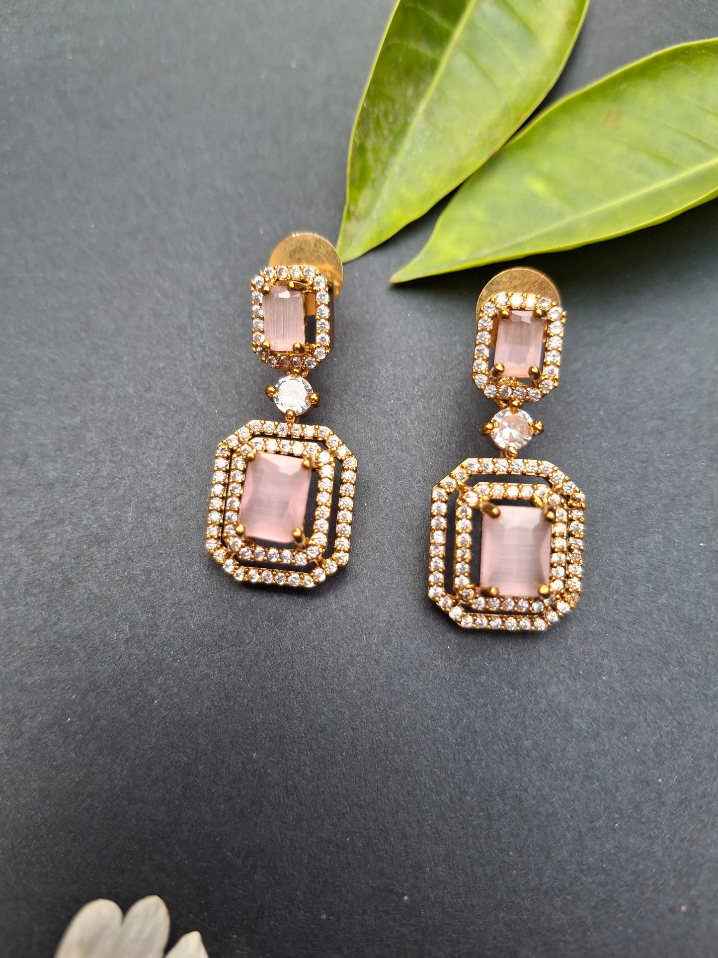 Gold-Plated Geometric Drop Earrings with Pink Stone Accents