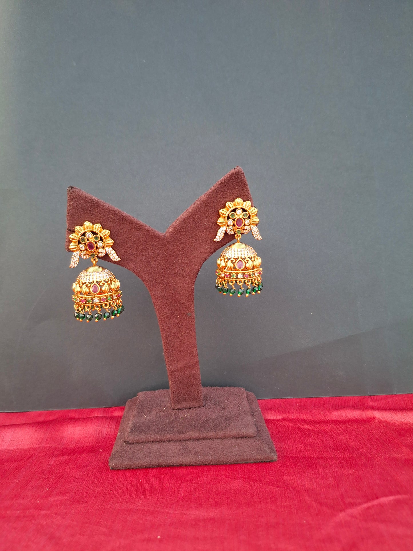Floral Temple Jhumkas with Ruby & Emerald Beads