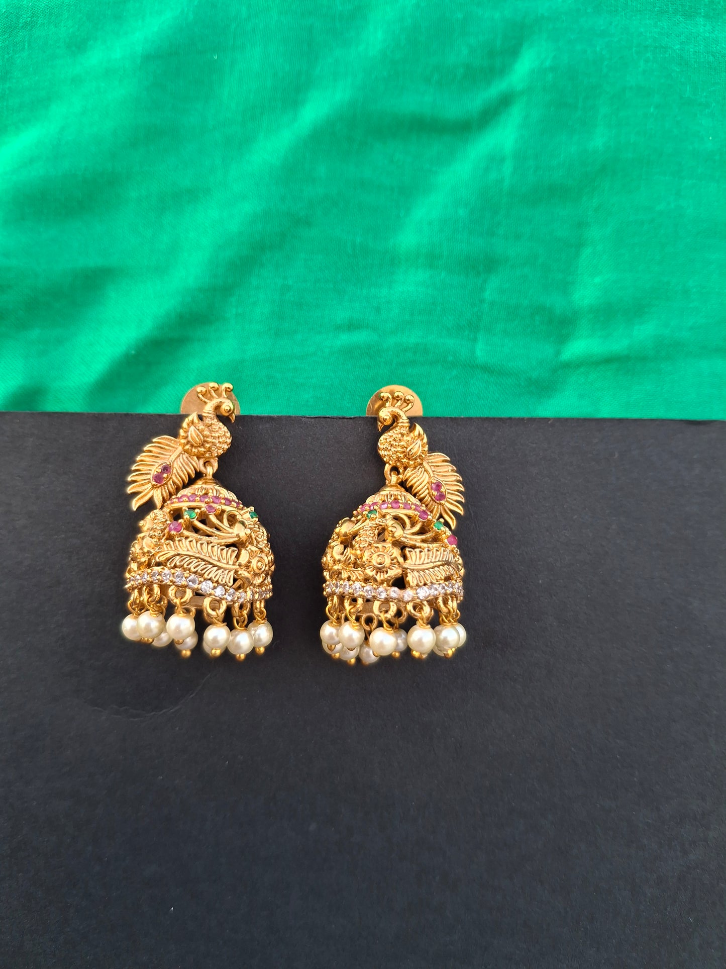 Peacock Design Antique Jhumkas with Pearl Drops