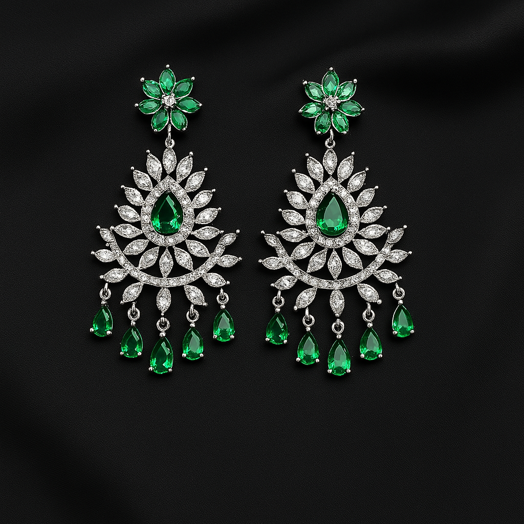 Silver-Plated Green and White Stone Chandbali Earrings