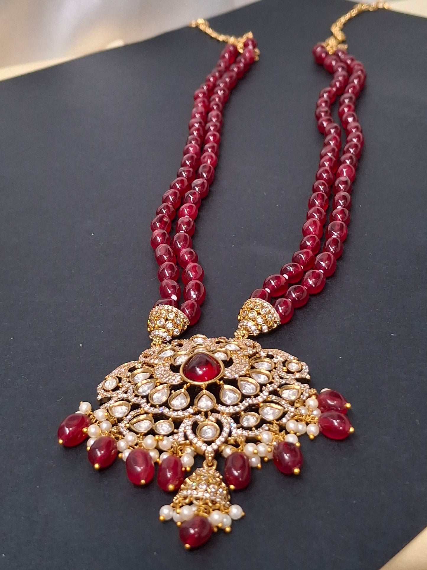 C13 Red Beaded Double-Strand Necklace Set with Kundan Pendant