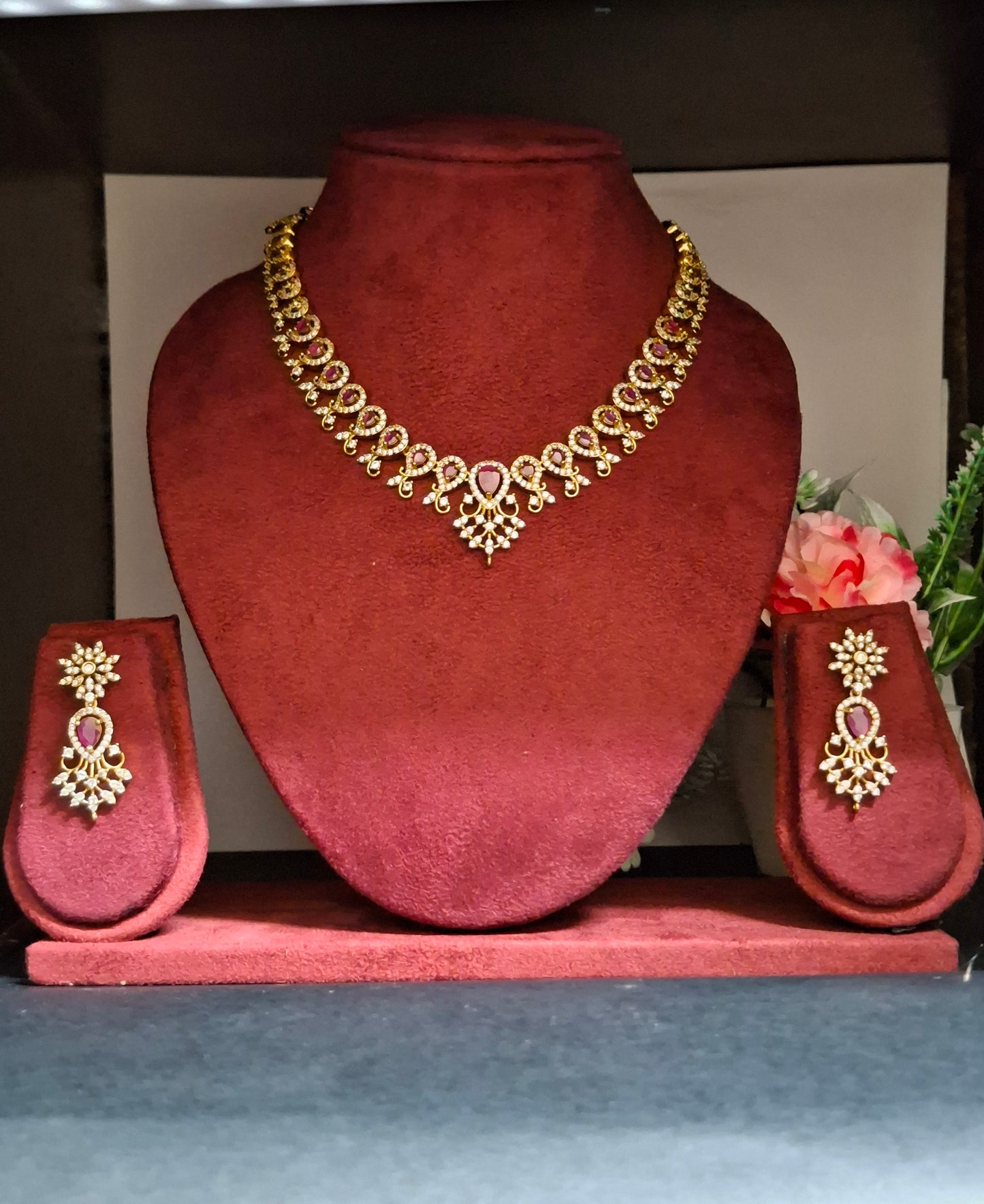 Ruby Teardrop and Floral Design Necklace Set
