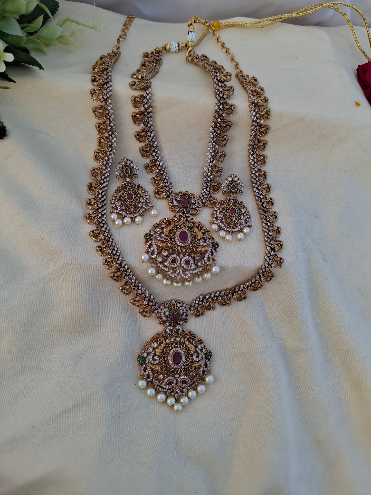Majestic Peacock & Floral Pendant Set with Pearls, Pink Kundans & AD Accents