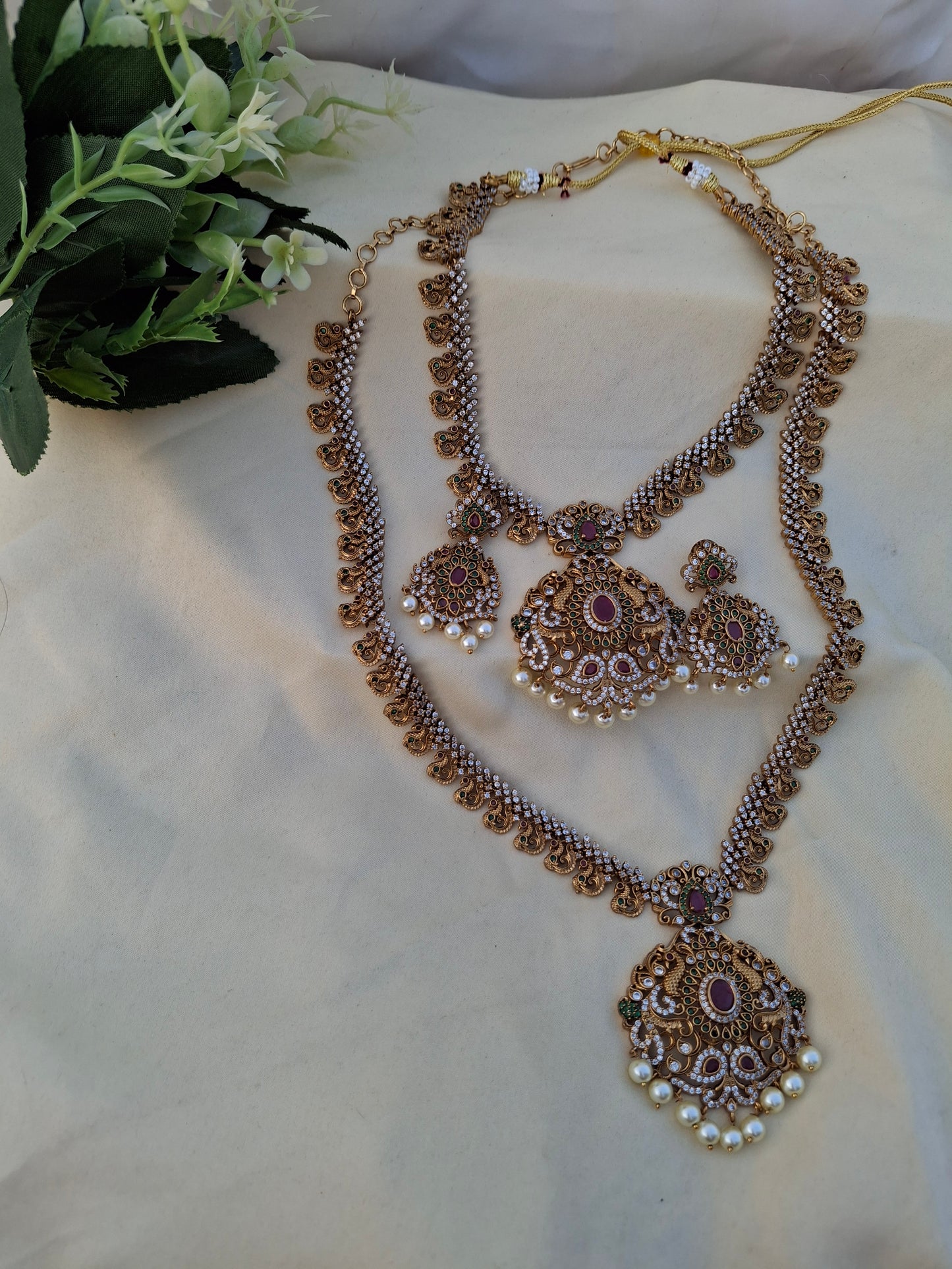 Majestic Peacock & Floral Pendant Set with Pearls, Pink Kundans & AD Accents
