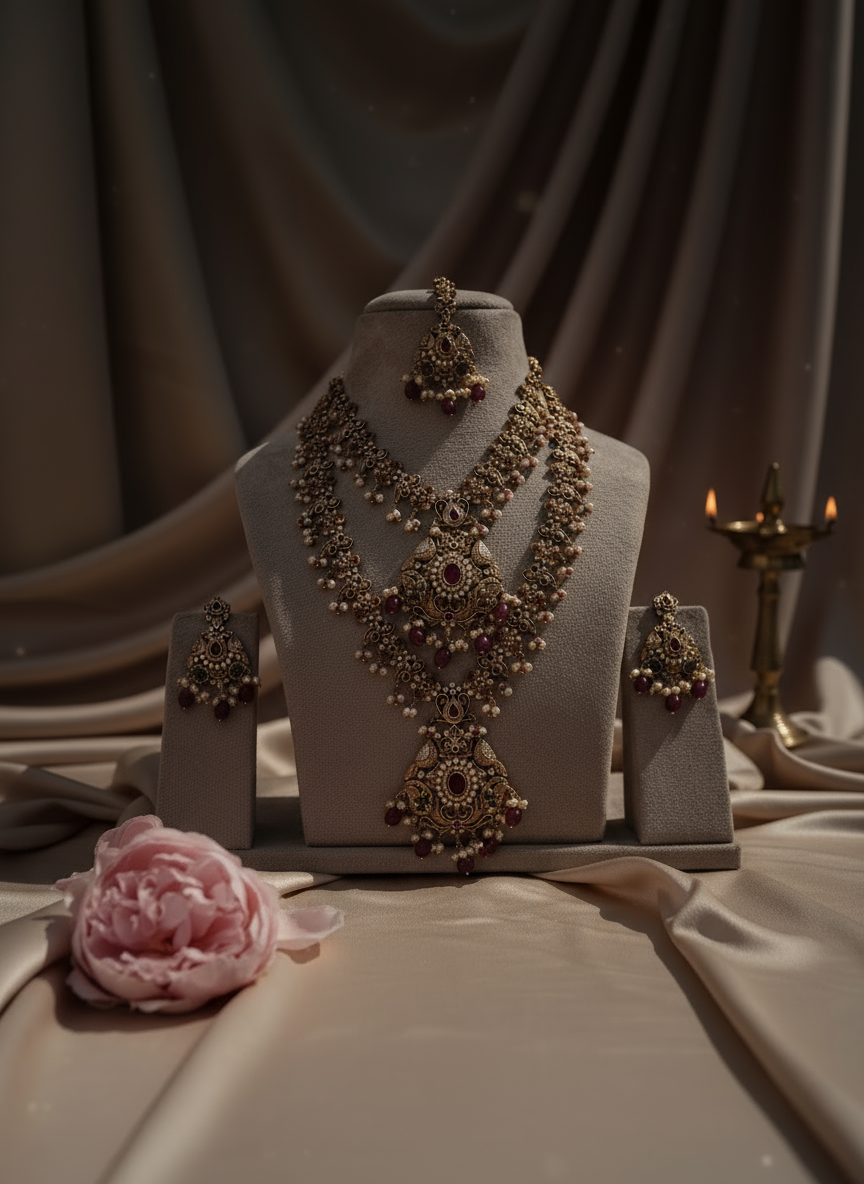 Graceful Peacock Pendant Set with Pink Oval Kundans, Pearls & Maang Tikka