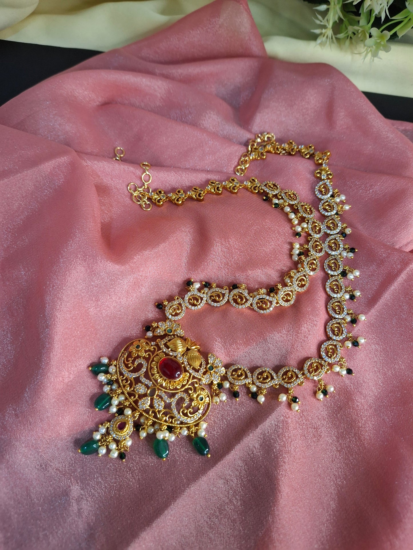 Antique Gold-Plated Traditional Necklace Set with Pearl and Green Bead Drops