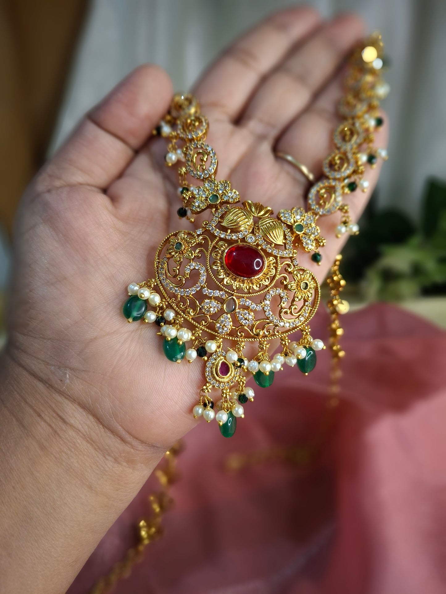 Antique Gold-Plated Traditional Necklace Set with Pearl and Green Bead Drops