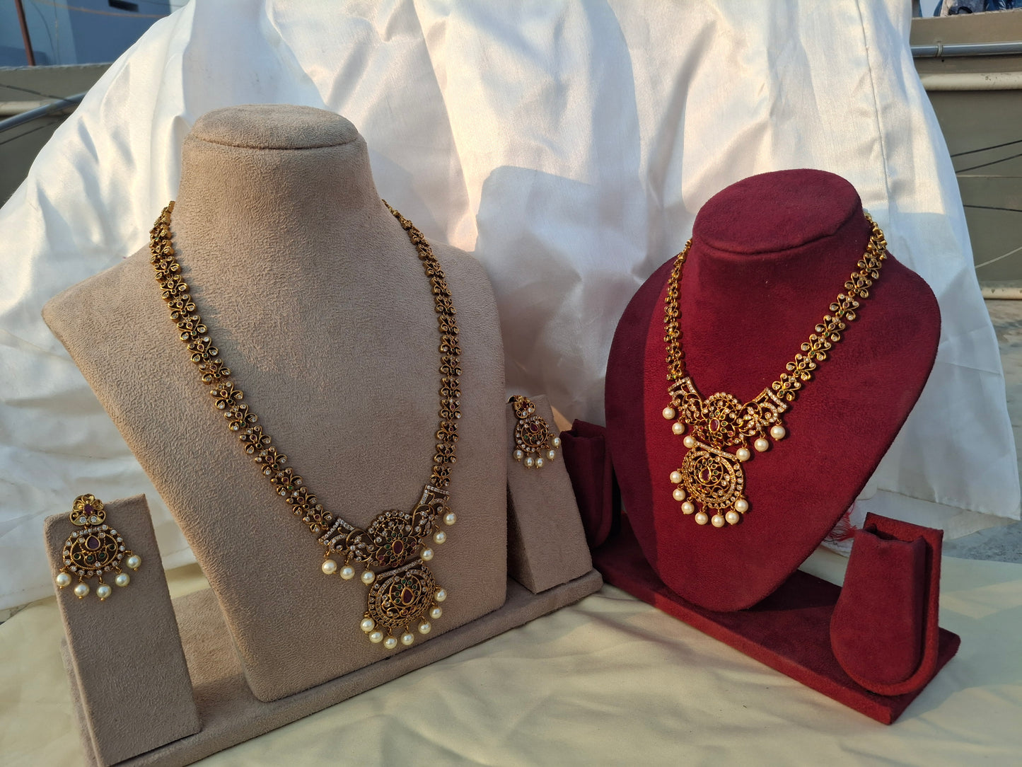 Elegant Floral Designer Jewelry Set with Long & Short Chains, Earrings & Maang Tikka