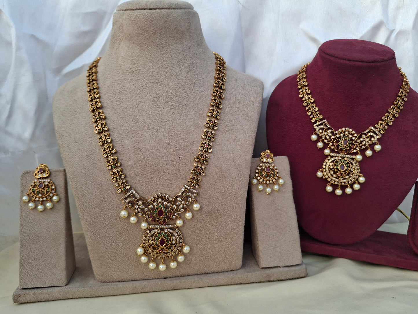 Elegant Floral Designer Jewelry Set with Long & Short Chains, Earrings & Maang Tikka