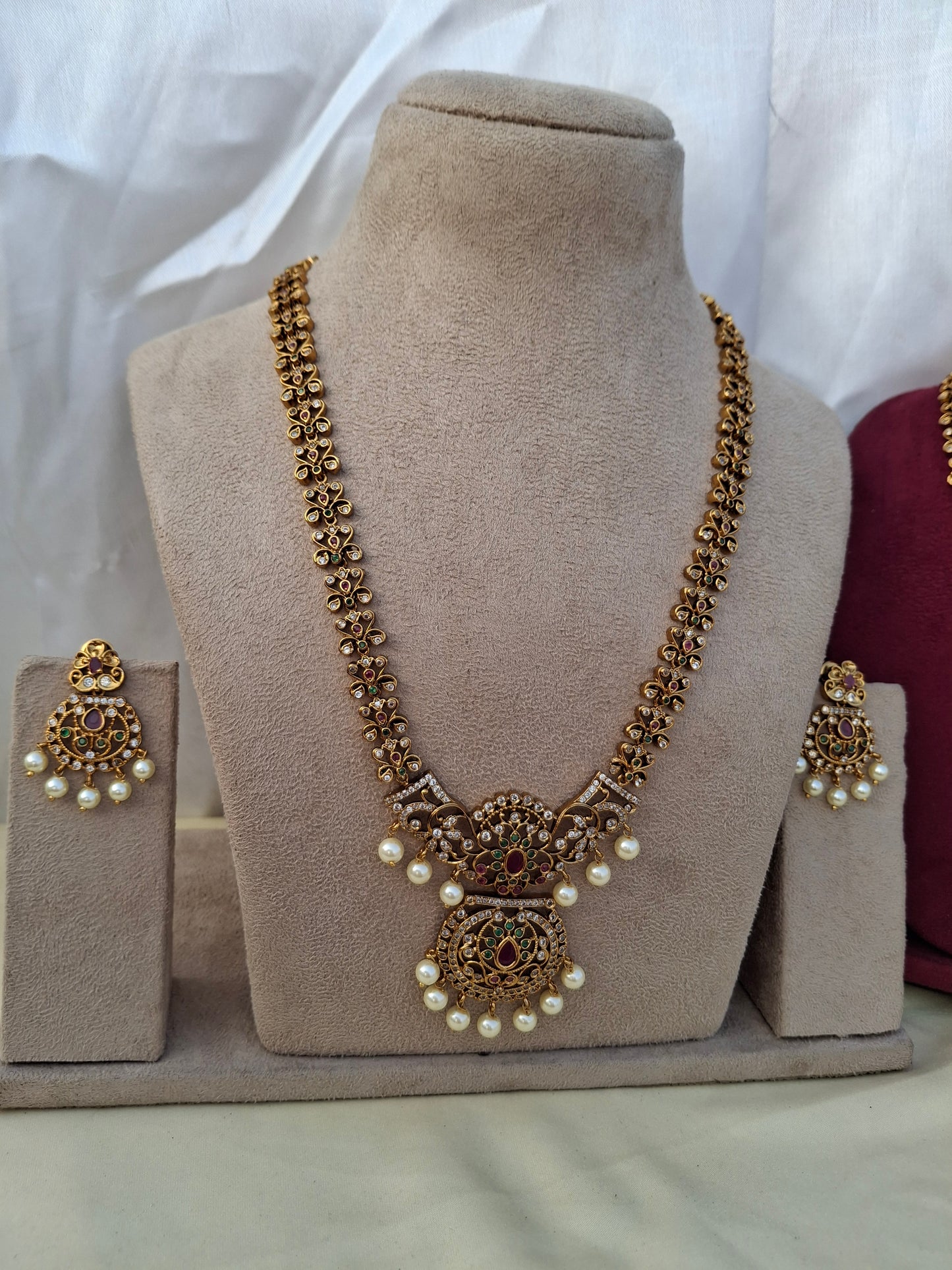 Elegant Floral Designer Jewelry Set with Long & Short Chains, Earrings & Maang Tikka