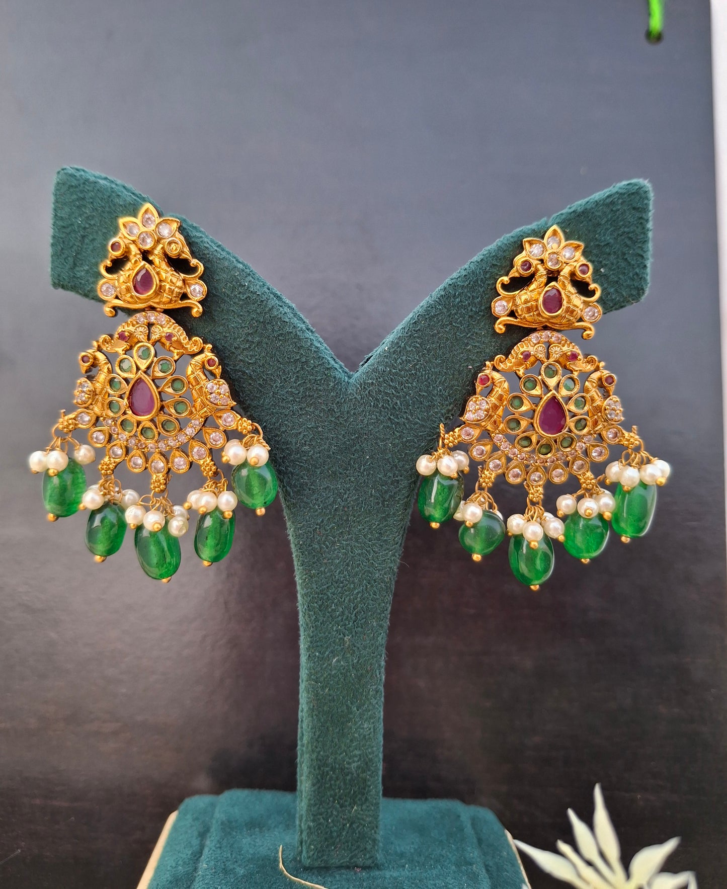 Regal Peacock & Floral Pendant Set with Pearls, Green Beads & Pink Kundan Accents