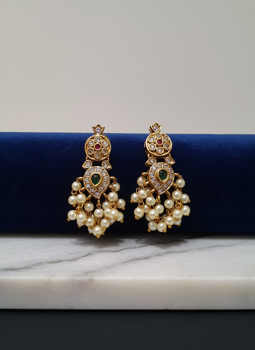 Delicate Pendant Set with Green & Pink Kundans, Pearl Chain & Earrings