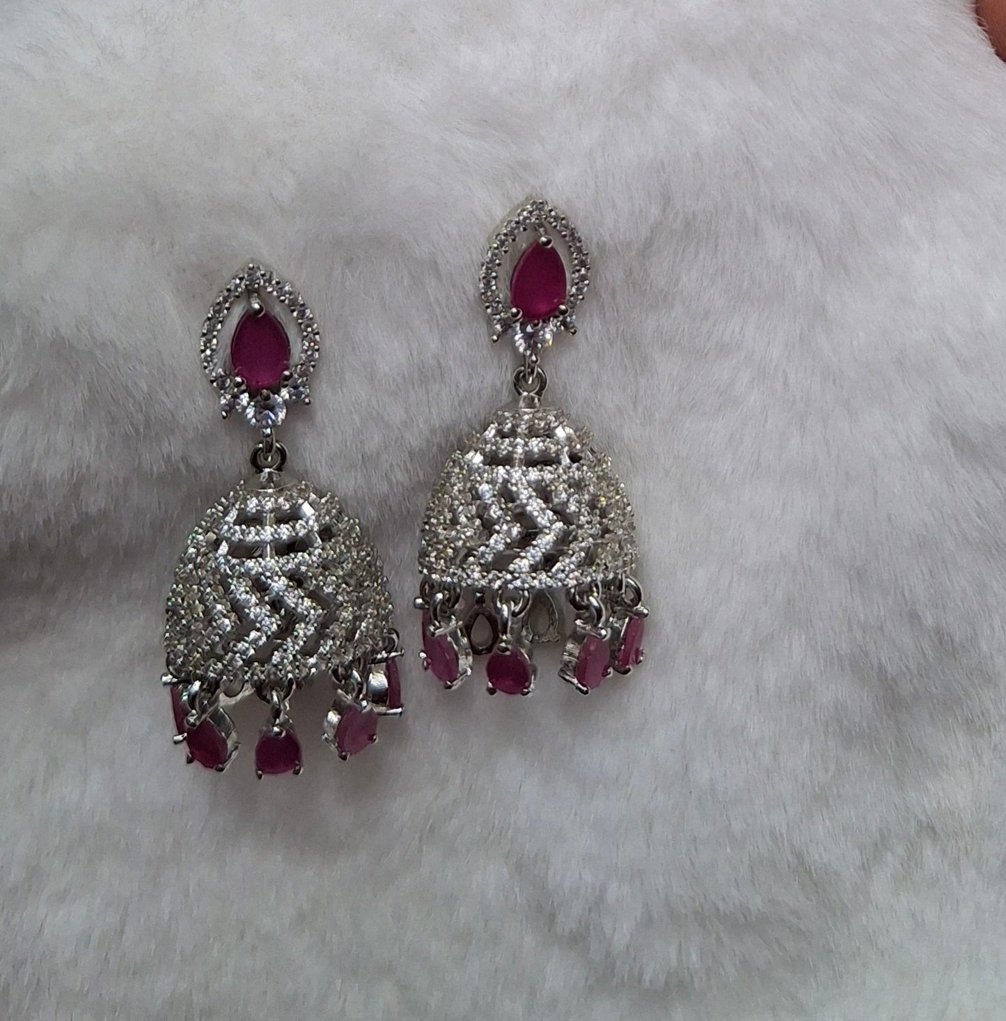 Elegant Silver-Plated Chandbali Earrings with Ruby Pink Accents