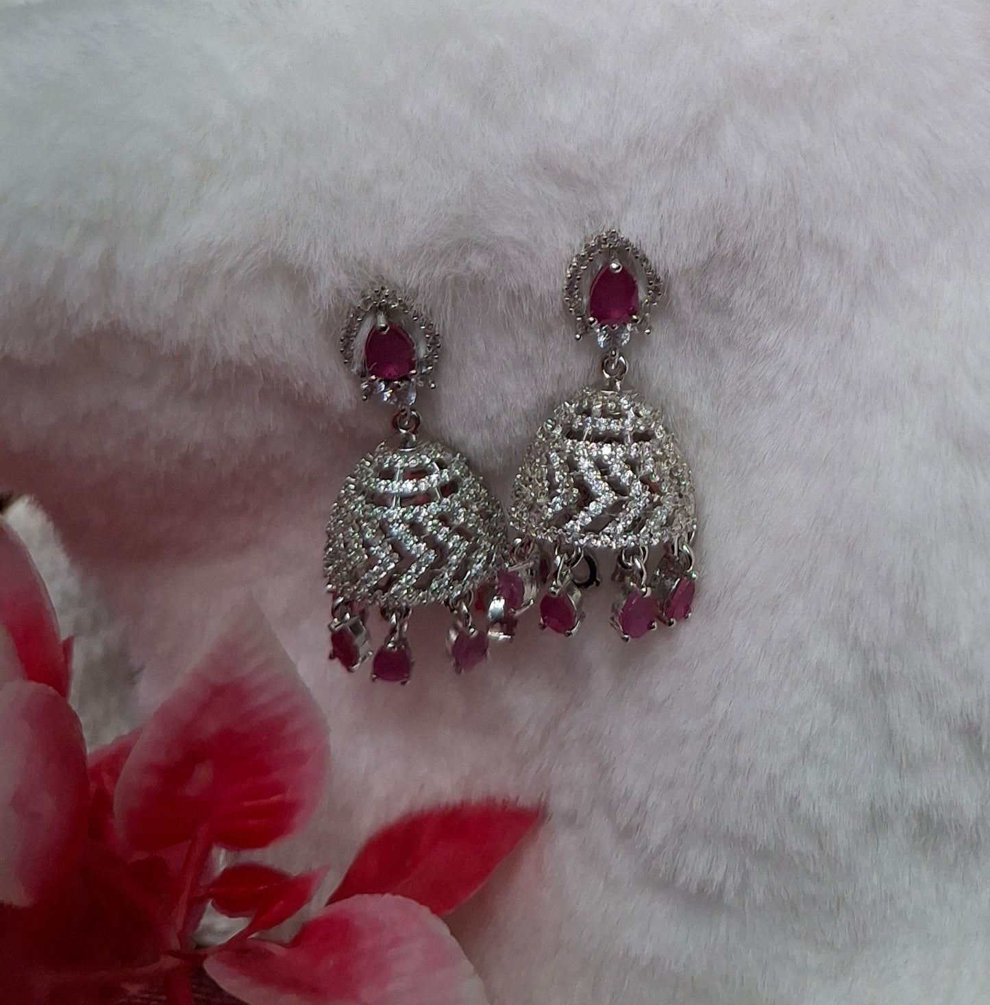 Elegant Silver-Plated Chandbali Earrings with Ruby Pink Accents