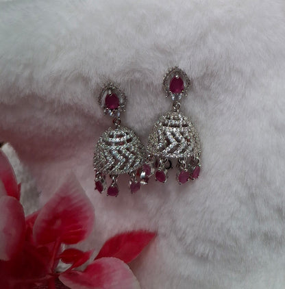 Elegant Silver-Plated Chandbali Earrings with Ruby Pink Accents