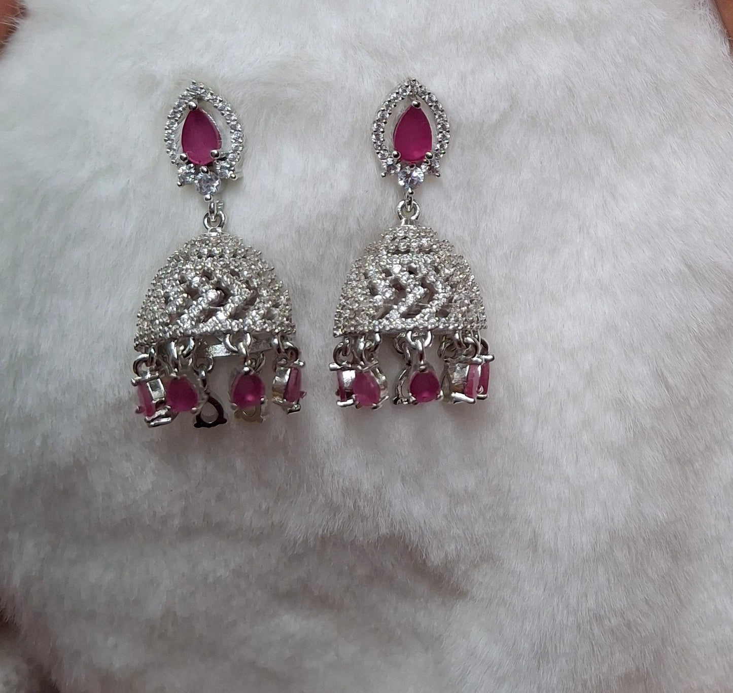 Elegant Silver-Plated Chandbali Earrings with Ruby Pink Accents
