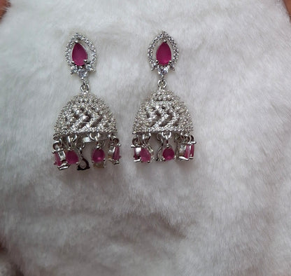 Elegant Silver-Plated Chandbali Earrings with Ruby Pink Accents