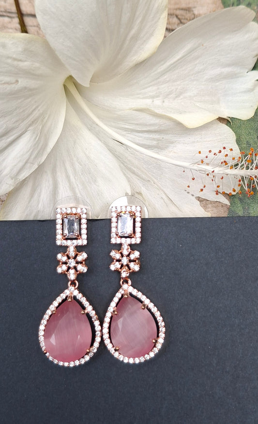 Elegant Rose Gold Drop Earrings with Teardrop Pink Stone