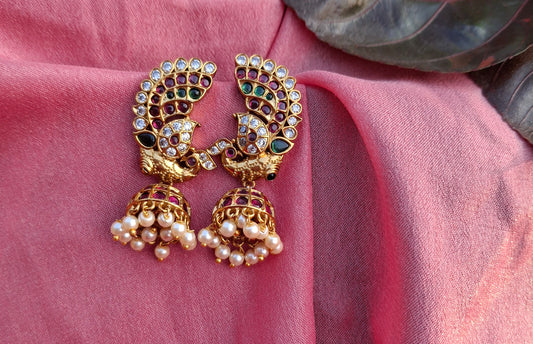 Gold-Plated Peacock Jhumka Earrings with Pearl Drops