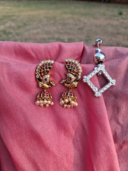 Gold-Plated Peacock Jhumka Earrings with Pearl Drops