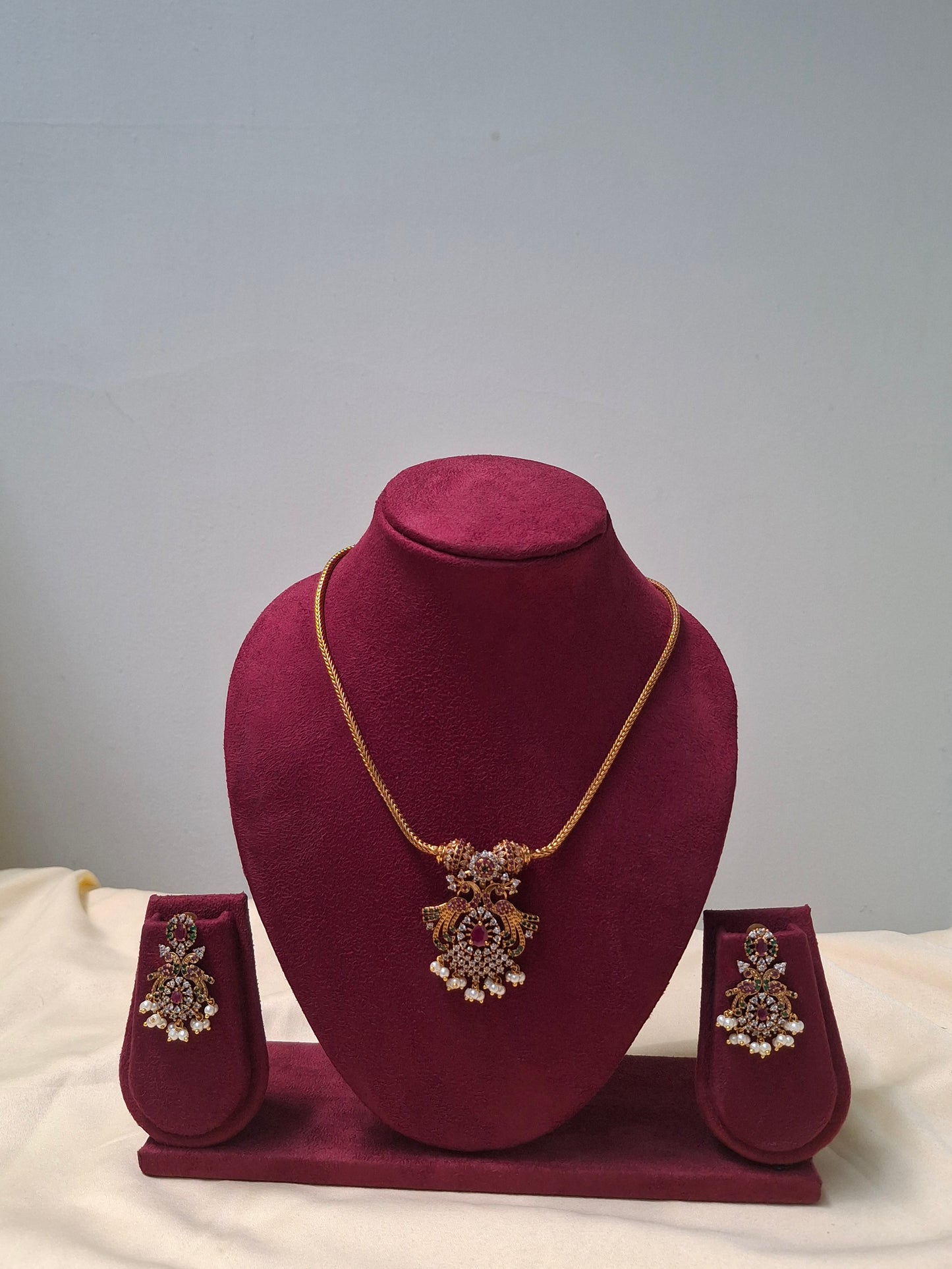 Antique Gold-Plated Temple Jewelry Set with Ruby & Pearl Detailing