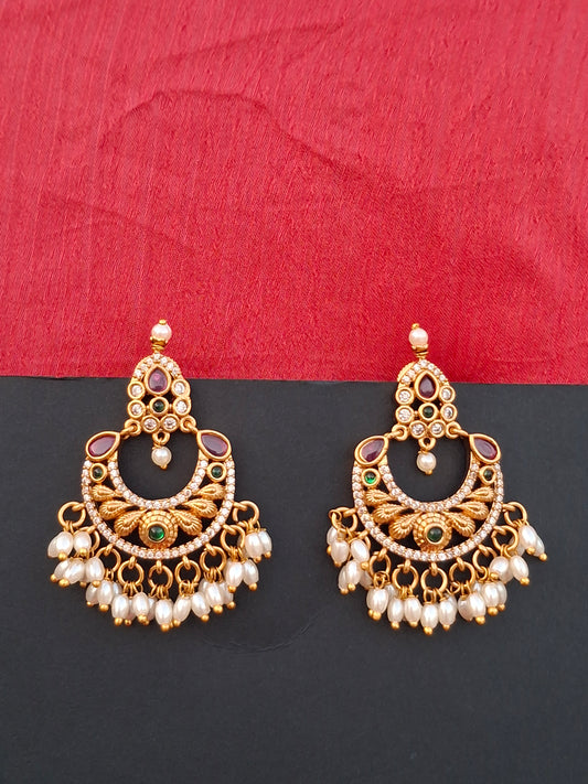 Traditional Gold-Toned Chandbali Earrings with Pearl Drops