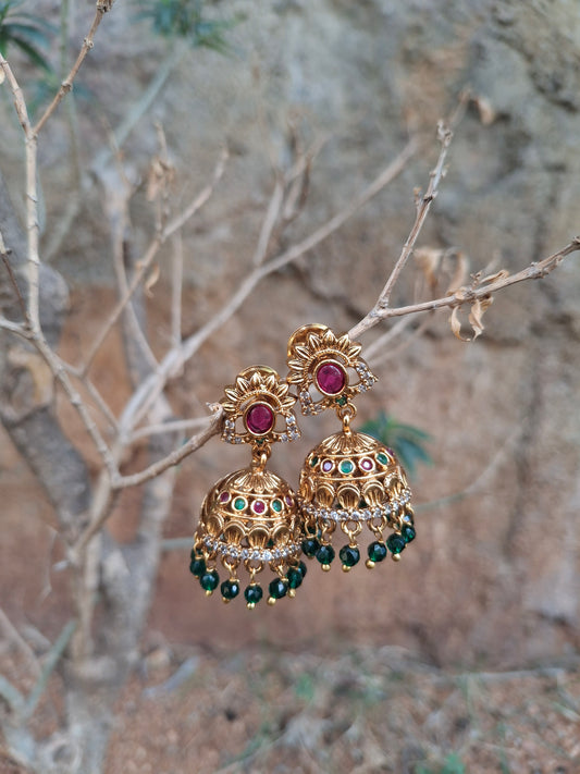 Traditional Gold-Plated Jhumka Earrings with Colorful Stones