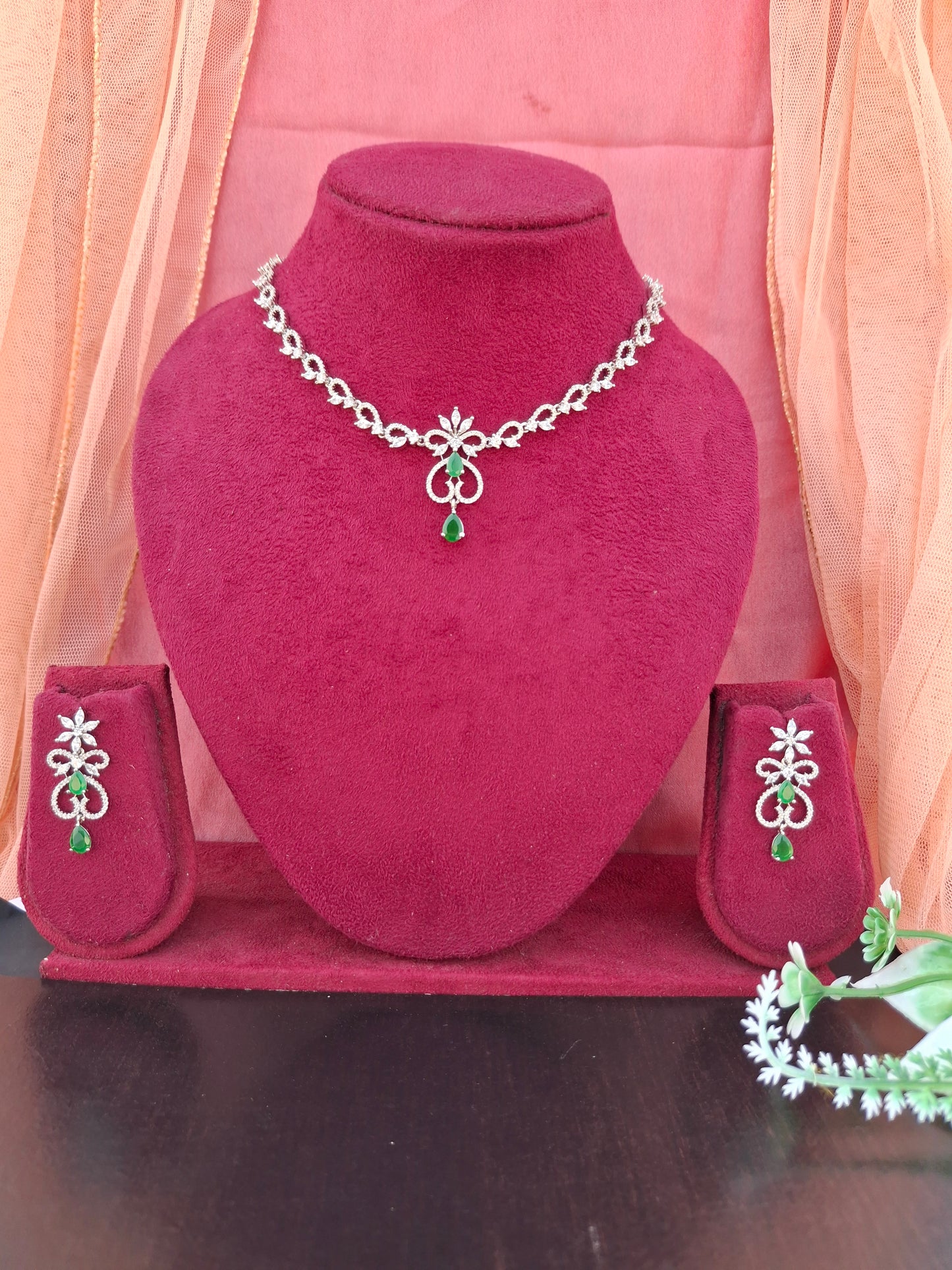 Emerald Grace Heart Shaped American Diamond Necklace Set