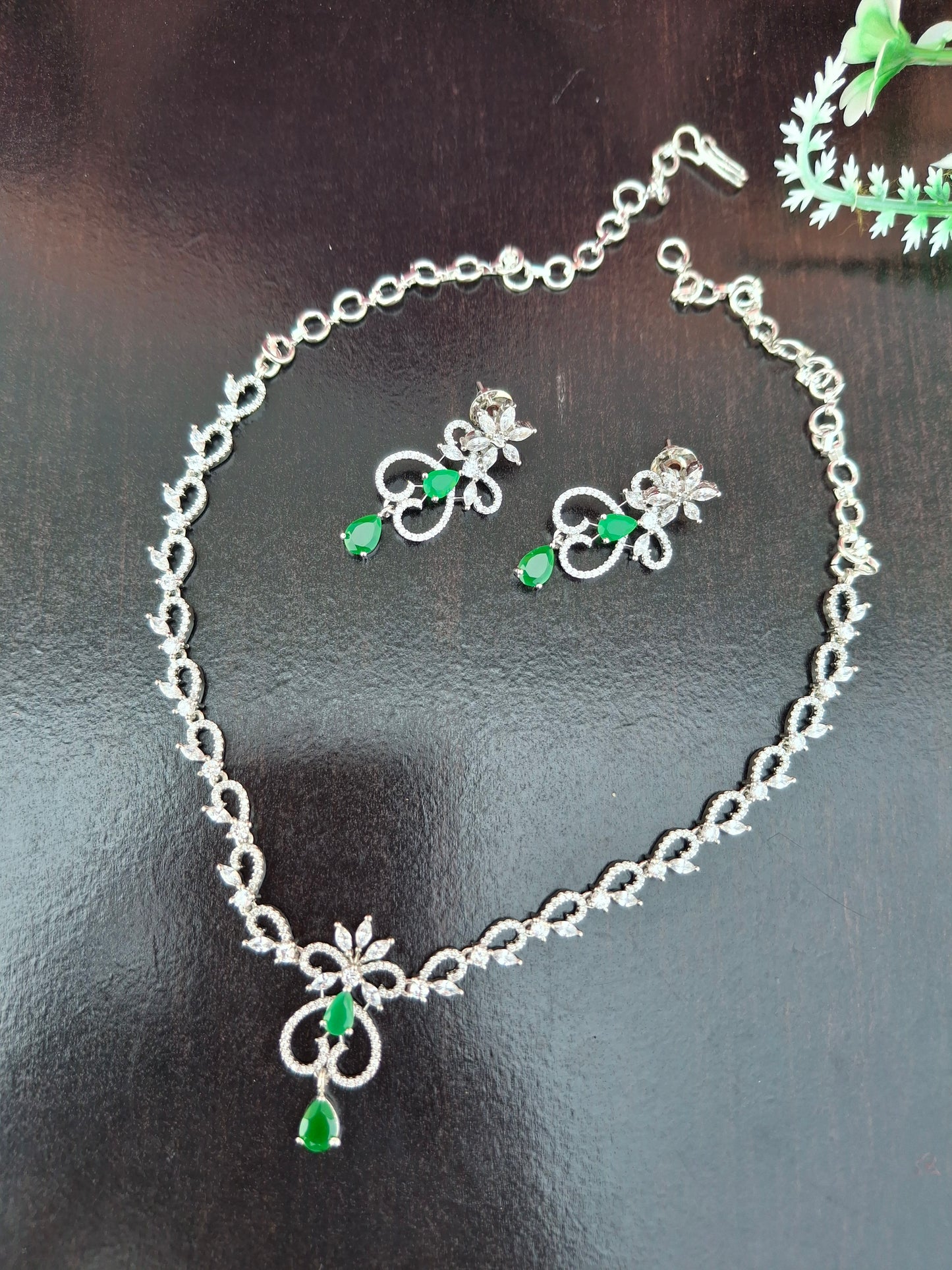 Emerald Grace Heart Shaped American Diamond Necklace Set