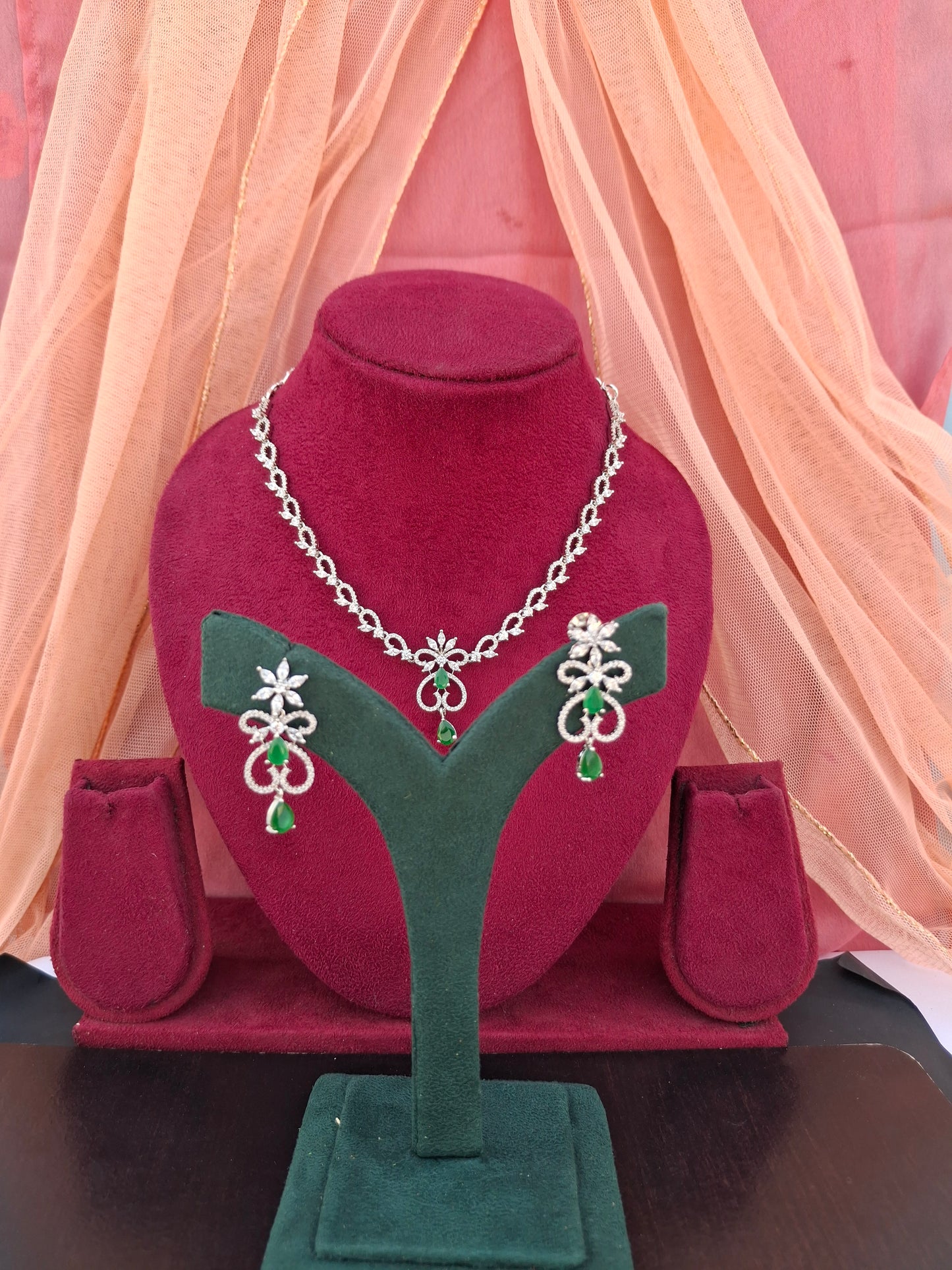 Emerald Grace Heart Shaped American Diamond Necklace Set