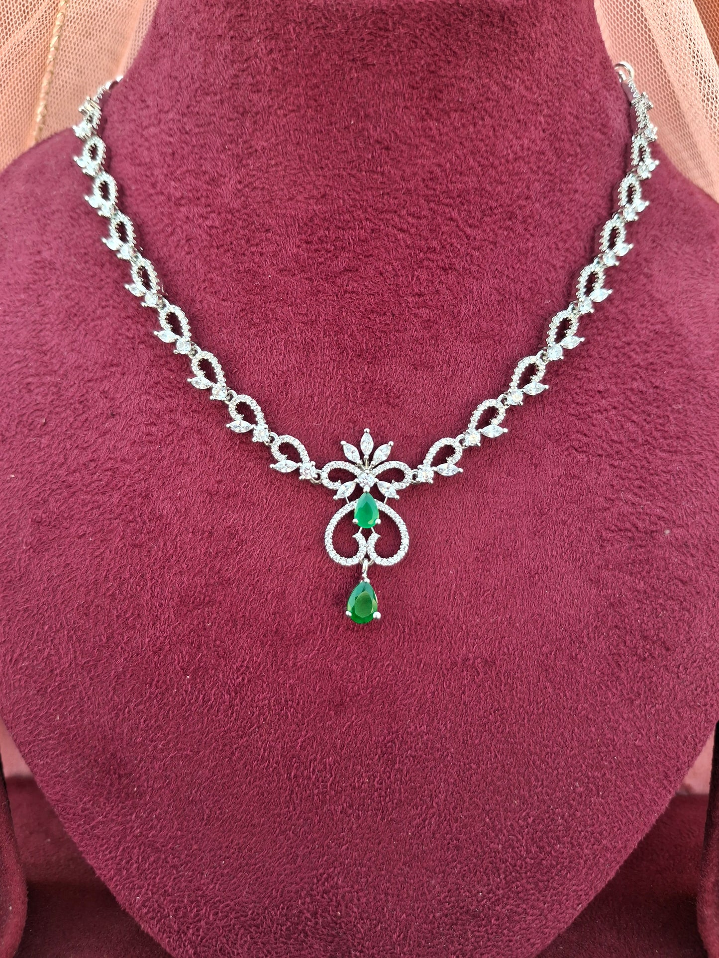Emerald Grace Heart Shaped American Diamond Necklace Set