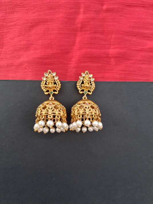 Lakshmi Temple Jhumkas with Pearl Drops