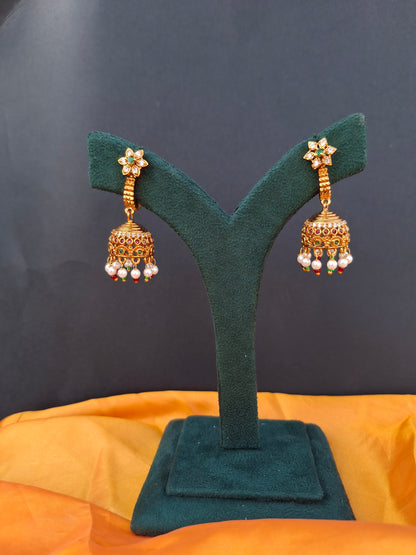 Gold-Plated Floral Jhumkas with Pearl & Stone Drops