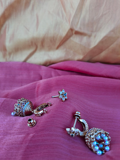 Gold-Plated Floral Jhumkas with Pearl & Stone Drops