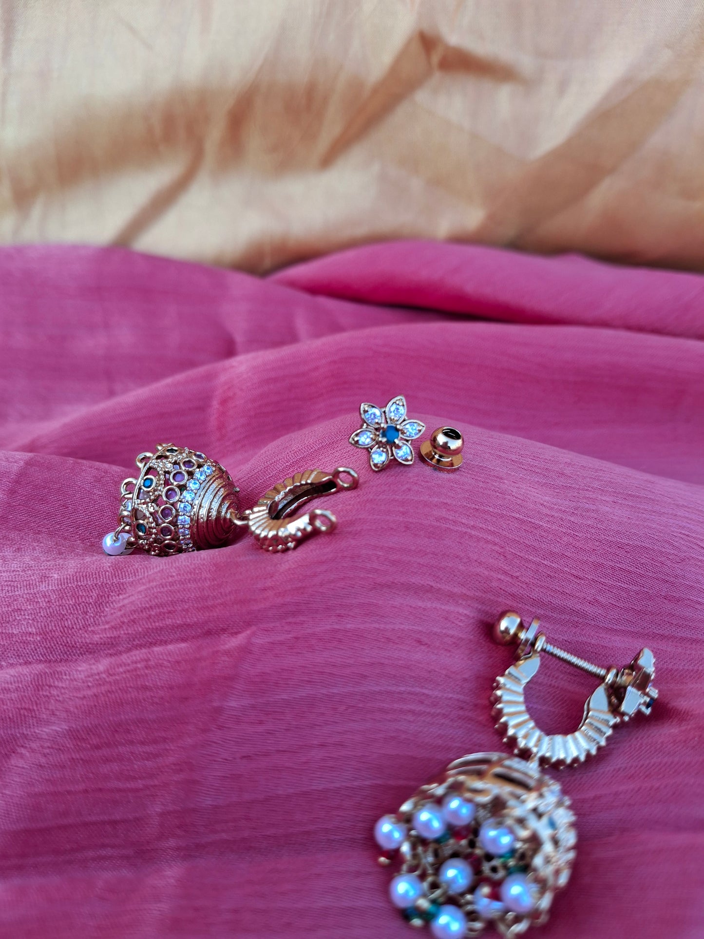 Gold-Plated Floral Jhumkas with Pearl & Stone Drops