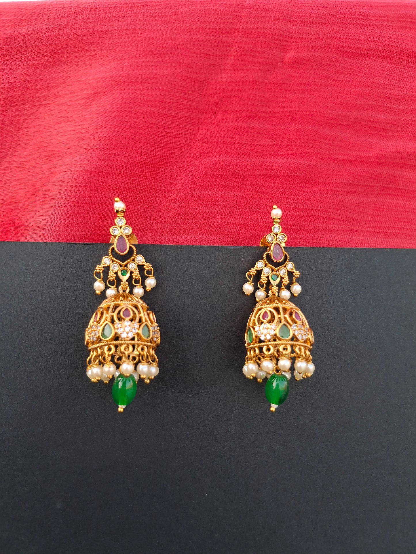 Regal Temple Jhumkas with Pearl & Green Drop Accents