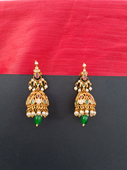 Regal Temple Jhumkas with Pearl & Green Drop Accents