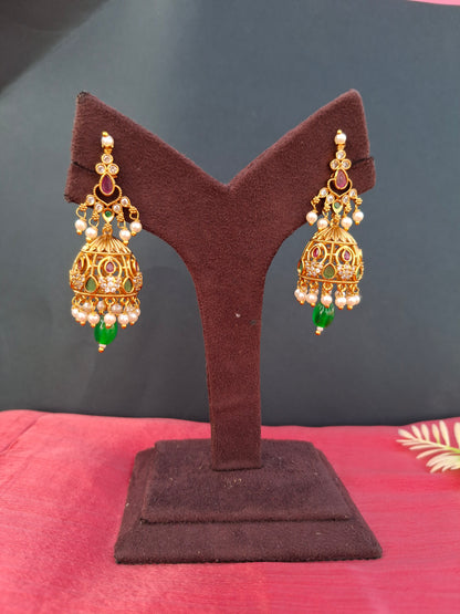 Regal Temple Jhumkas with Pearl & Green Drop Accents