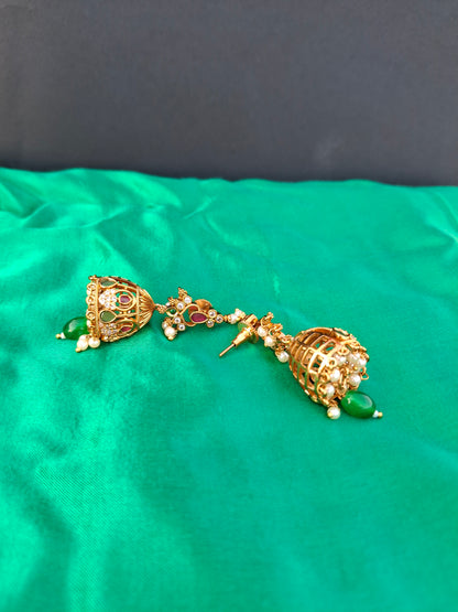 Regal Temple Jhumkas with Pearl & Green Drop Accents
