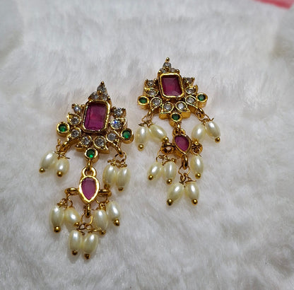 Traditional Gold-Toned Kundan & Pearl Drop Earrings