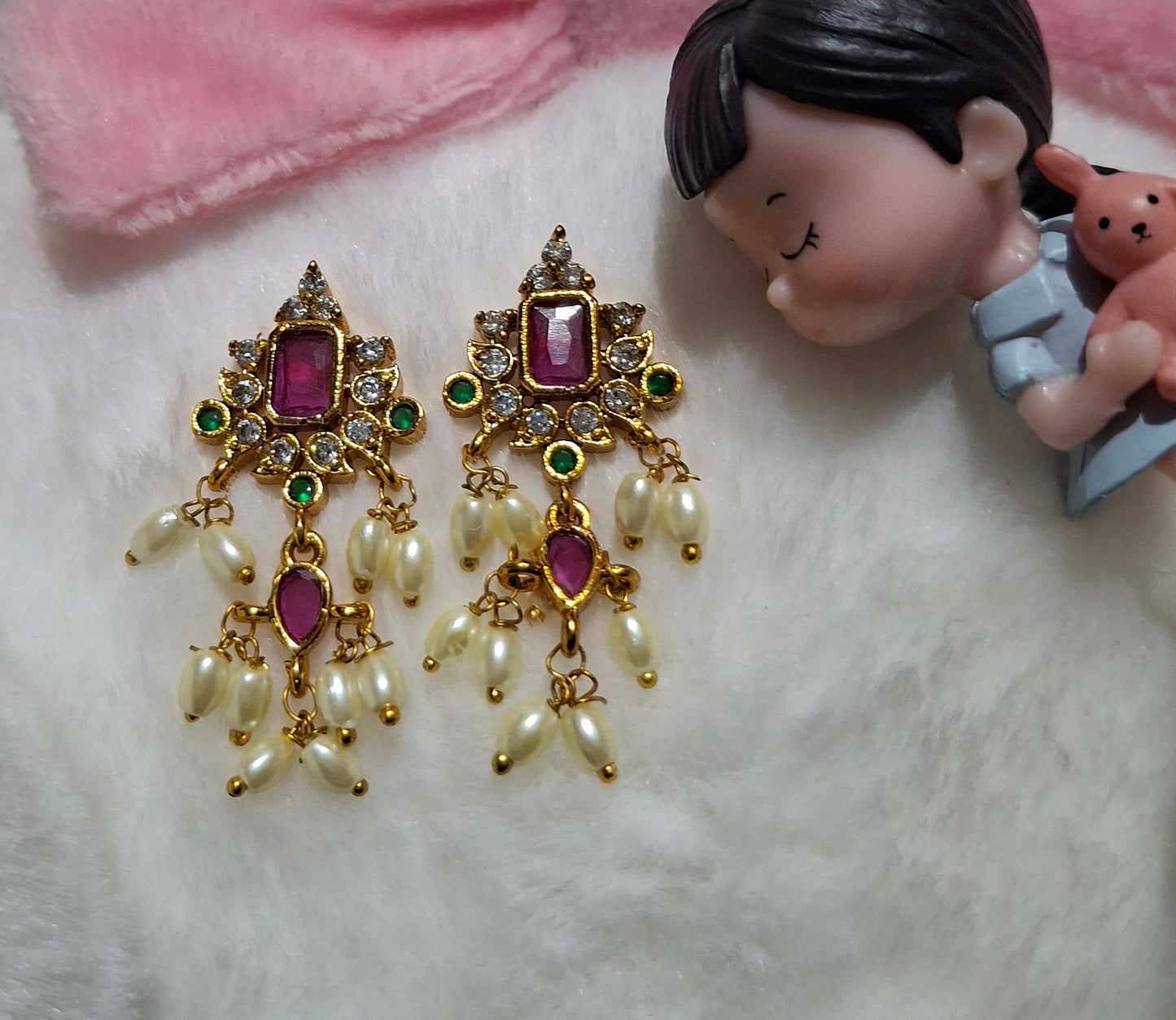 Traditional Gold-Toned Kundan & Pearl Drop Earrings